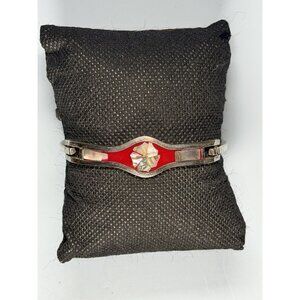 Vintage Mexican Sterling Silver Red Inlay Abalone Flower Bangle 7.5” 14g